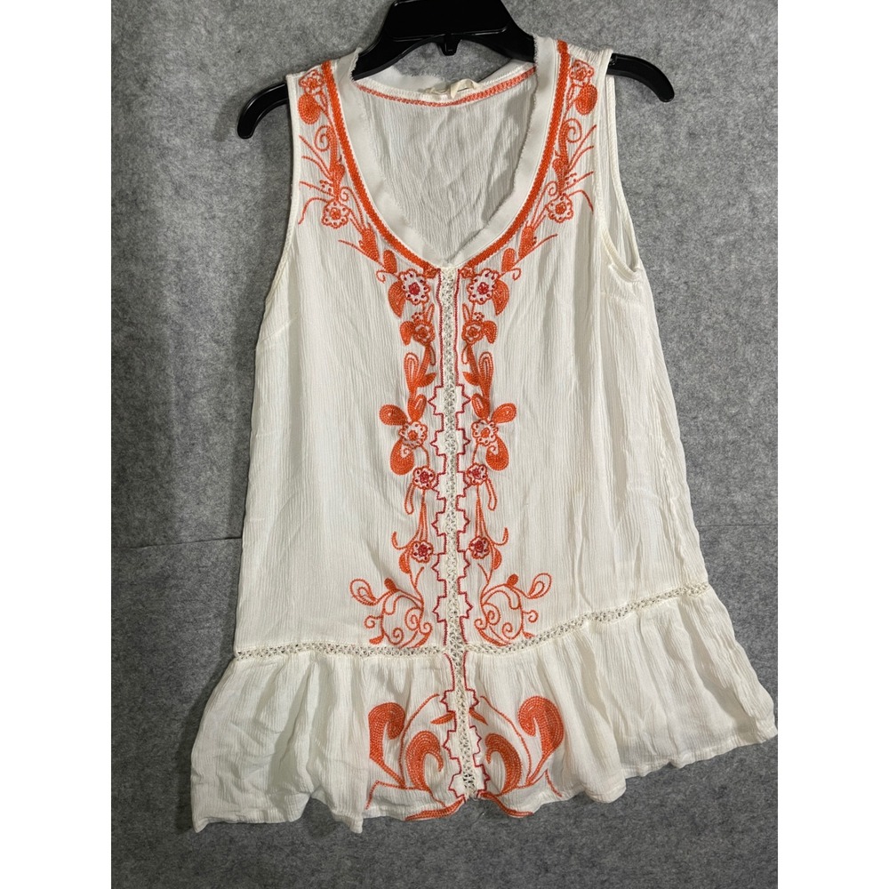 Illa Illa‎ White Orange Embroidered Boho Gauze Sleeveless Ruffle Tunic Top Small